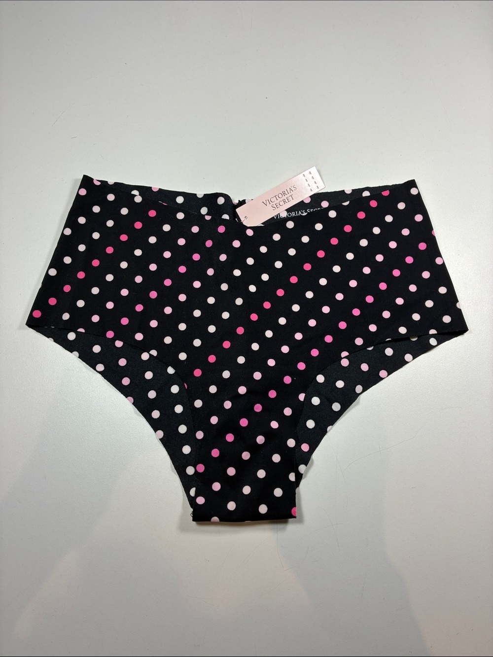 NWT Victoria's Secret Black No-Show Cheeky Panty with Pink Polka Dots Size S